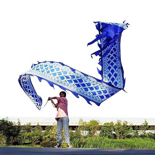 5 Meters (16.4 FT) Blue Scale Dragon Silk-Like Flowy Spinning & Shaking Poi, Outdoor Flinging Fitness Dragon Dance Wu Long 3D Dragon Ribbon Streamer with Adjustable Fiberglass Handstick + Travel Bag!