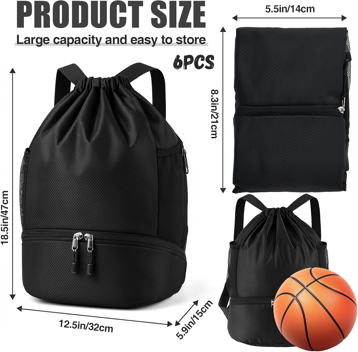 6 Pack Gym Drawstring Backpack Bags Bulk with Shoe Compartment for Sports Wet Proof Pocket for Men Women Large(Black)
