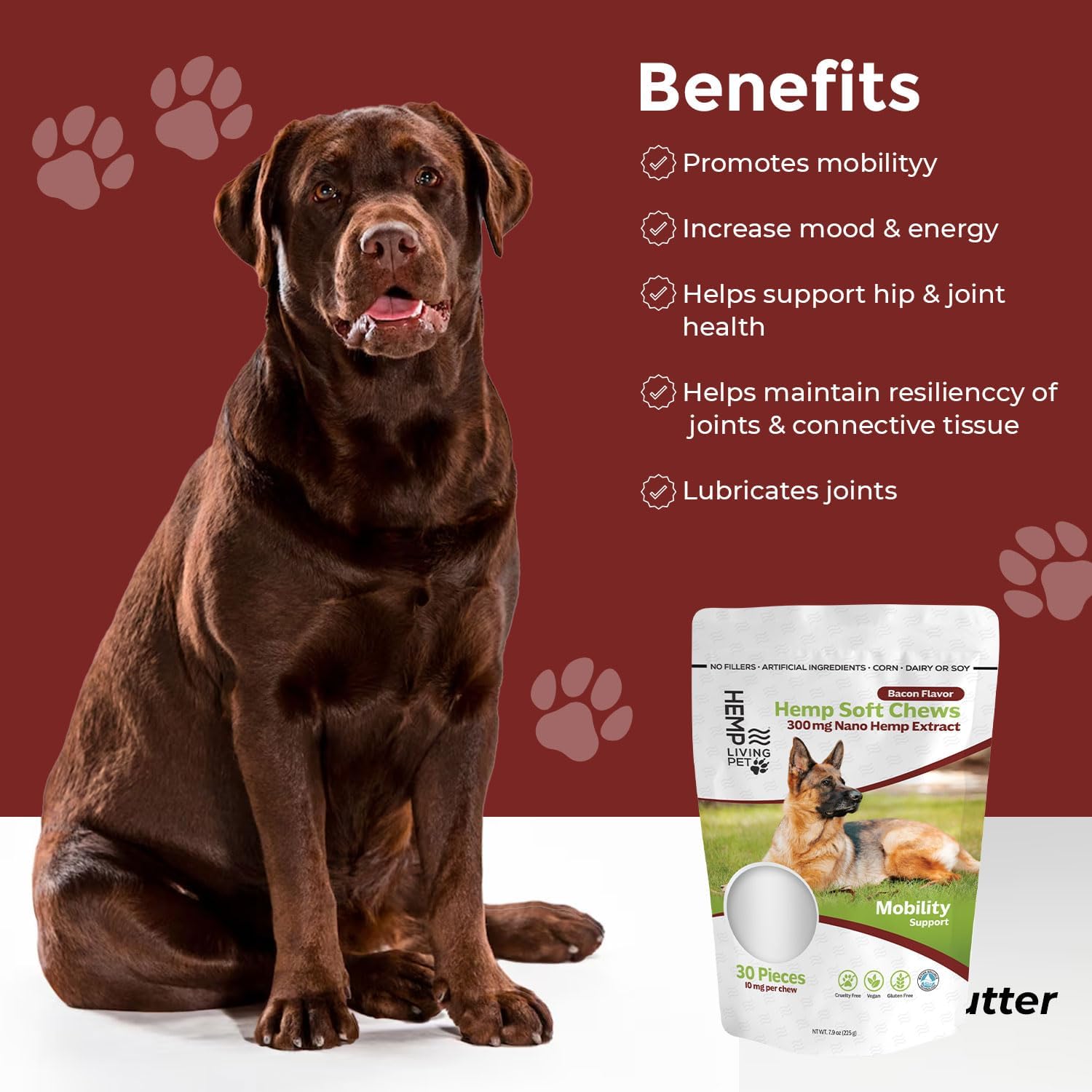 Calming Dog Chews, Hip & Joint Chews for Dogs, Organic Hemp Protein for Ease Joint Discomfort & Mobility, Glucosamine for Dogs Hip & Joint Chew, Soft Bacon Flavor Chews (Mobility Bacon Flavor)