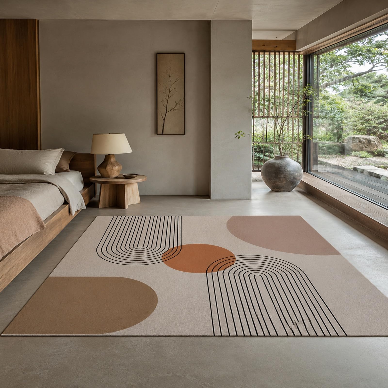 Tapis de chambre chic motif géométrique beige et taupe haute densité