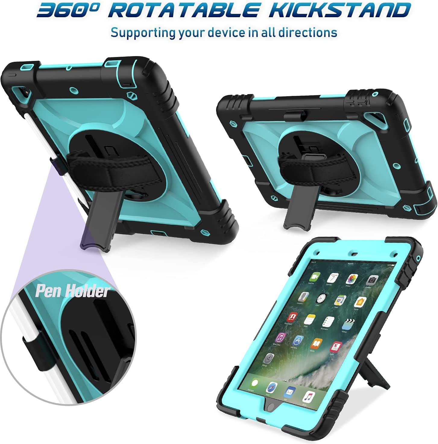 BMOUO iPad 6th Generation Case,iPad 5th Generation Case,iPad 9.7 Case,iPad Air 2 Case,3 Layer Shockproof [360 Swivel Stand][Hand Strap][Pencil Holder] Kids Case for iPad 9.7 inch 2018/2017,Sky Blue