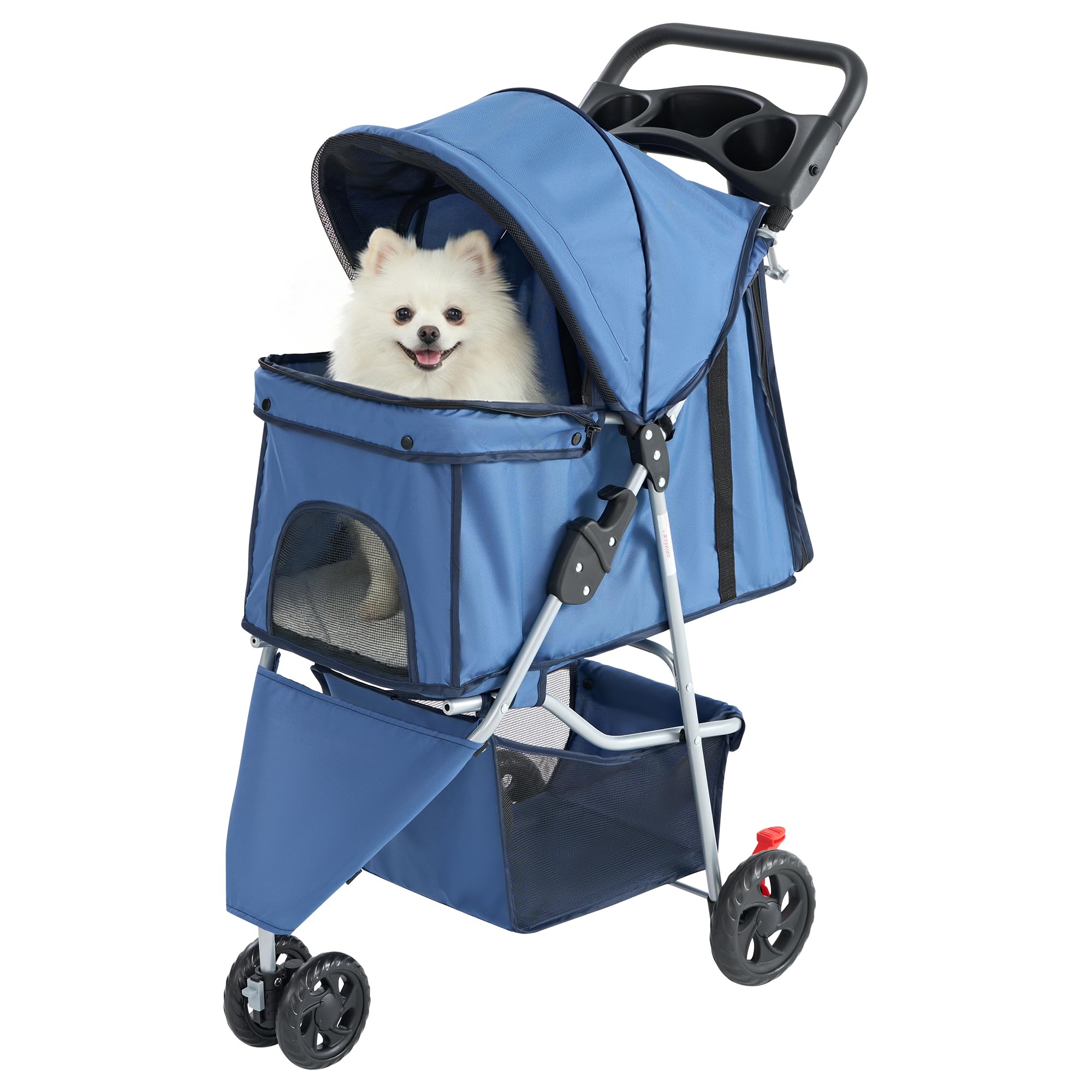 Smug 3 Wheels Pet Stroller, Dog and Cat Strollers with Storage Basket and Cup Holder, Lightweight Travel Carrier, Breathable, Waterproof and Foldable