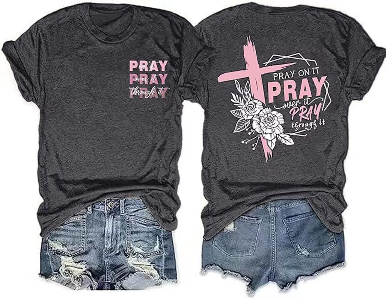 Retro Christian Jesus Faith T Shirts for Women Cross Pray Floral Printed Short Sleeve Inspirational Bible Verse Tee Tops