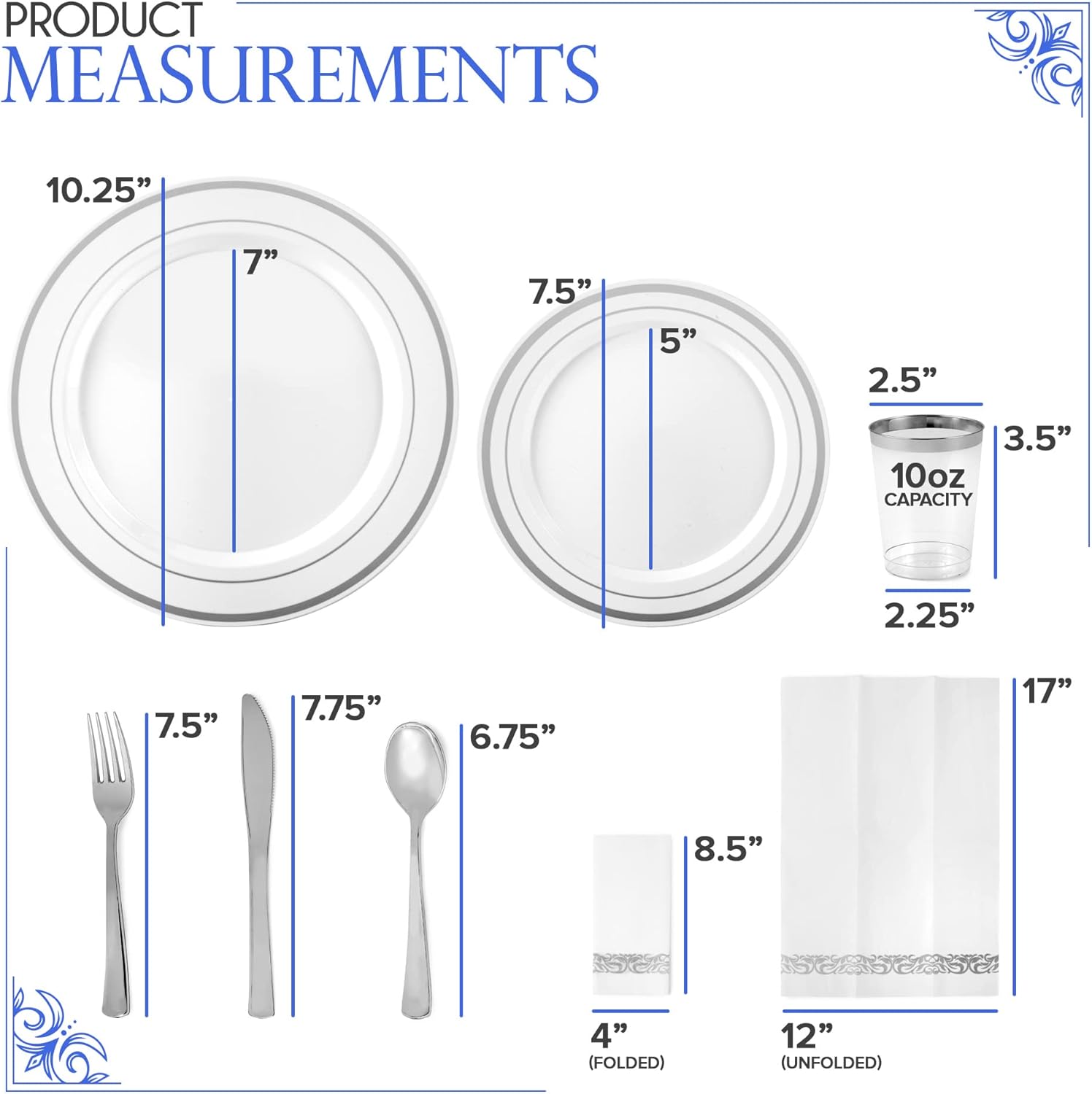 700 Piece Silver Dinnerware Set: 200 Silver-Rim Plastic Plates, 100 Silver Silverware, 100 Plastic Cups, 100 Cloth-Like Napkins, Bulk Wedding Plates Disposable Set 100 Guests - Image 3