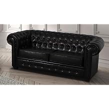 Chesterfield Sofa 2 Seater, Black Leather Settee, Scroll Arms