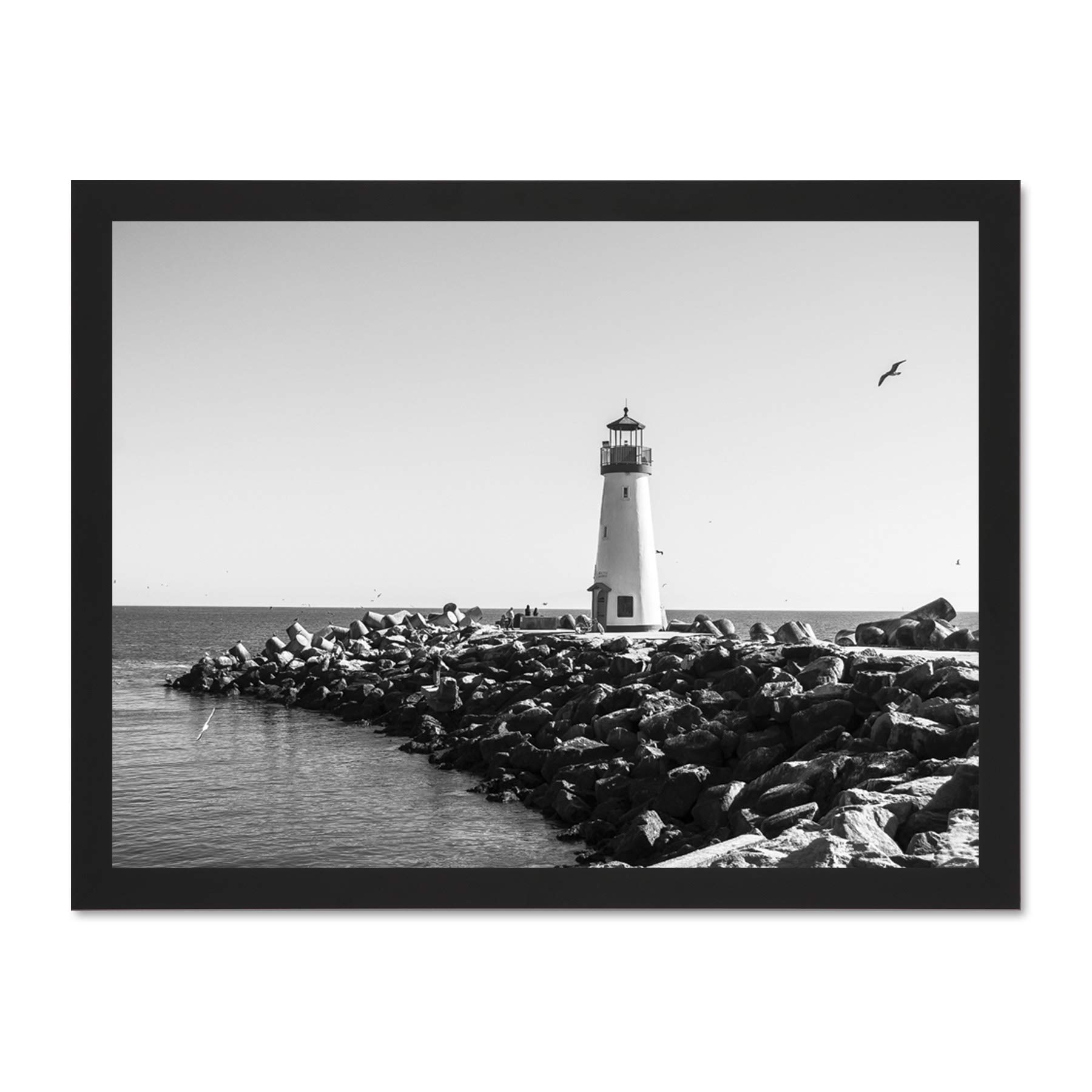 Lighthouse Rocks Ocean BW Living Room Home Large Framed Art Print Poster Wall Decor 18x24 inch