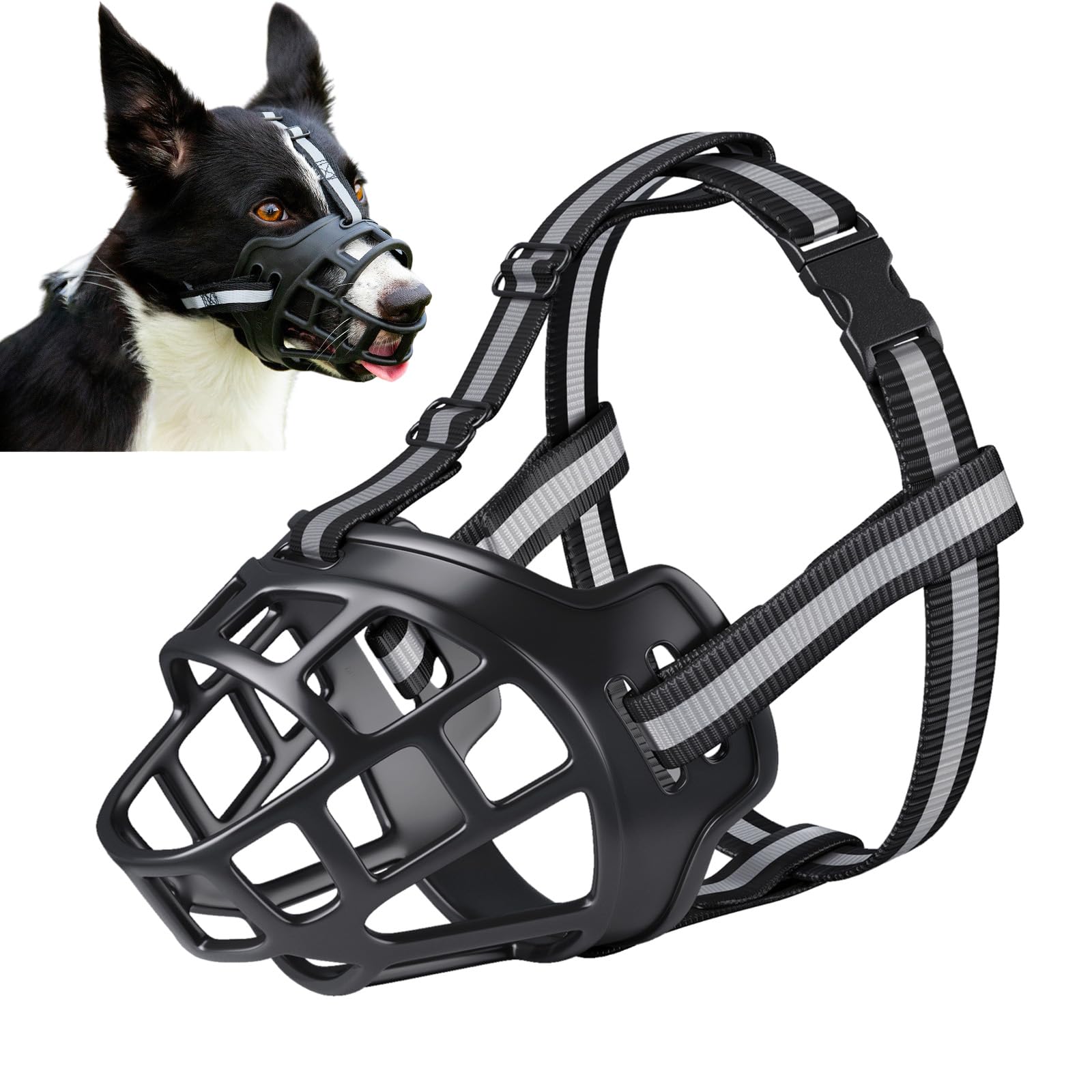 Black Adjustable Medium Breed Muzzle, With Reflective Strip Dog Training Breathable Basket Muzzle To Prevent Barking Biting Chewing and Dogs Can Drink