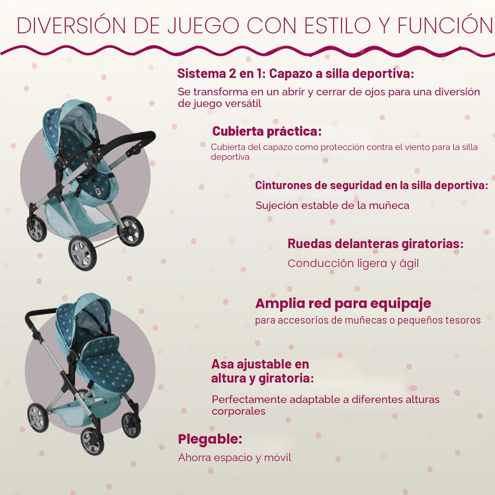 Bayer Chic 2000 Cochecito de Muñecas 2en1 Mila | Capazo y Silla Reversible | Cochecito de muñecas premium 2en1 con manillar ajustable y ruedas giratorias. Máxima durabilidad para niños.