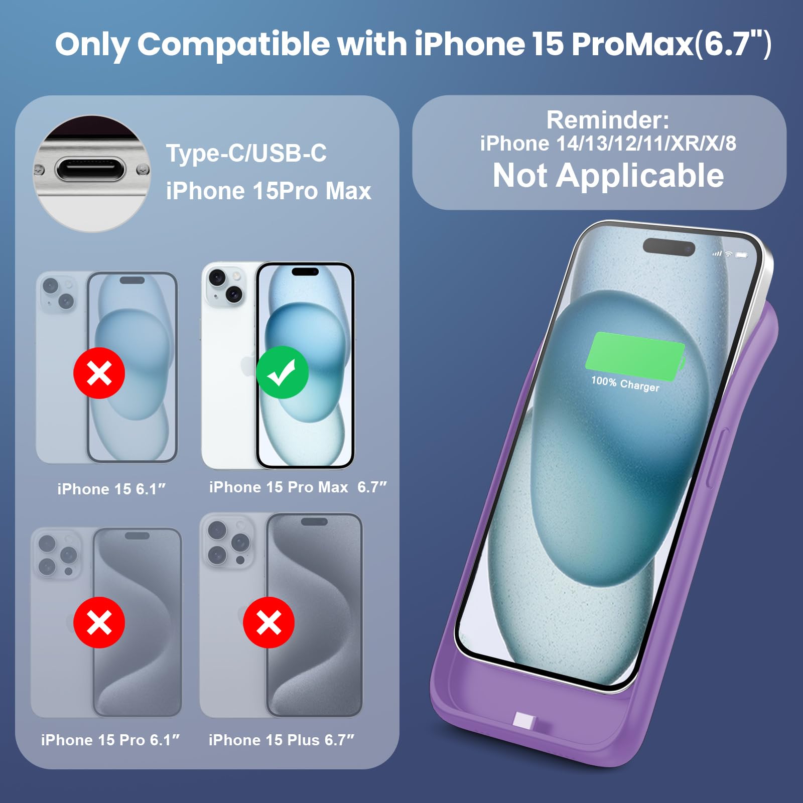 Feob Cover Batteria per iPhone 15 Pro Max (6,7"), 8600mAh 15W Ricaricabile Battery Case Custodia Batteria Caricabatterie Power Bank per iPhone 15 Pro Max (6,7") Charger Case