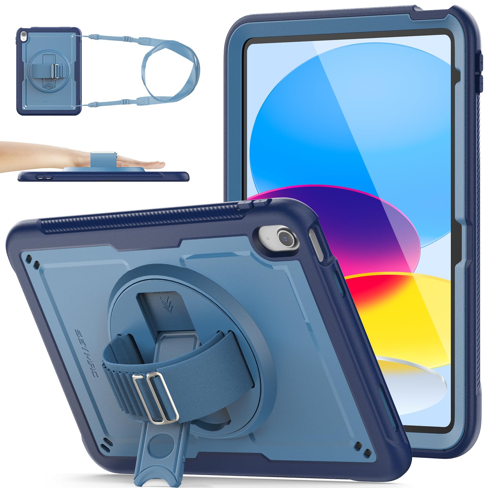 SEYMAC stock Coque pour iPad (A16) 11ème/10ème Génération 11''/10,9'' 2025/2022, Antidérapant Givré/Antichoc, avec [Support/Dragonne Rotatif à 360°] Protecteur D'écran & Porte-Stylet, Bleu Foncé
