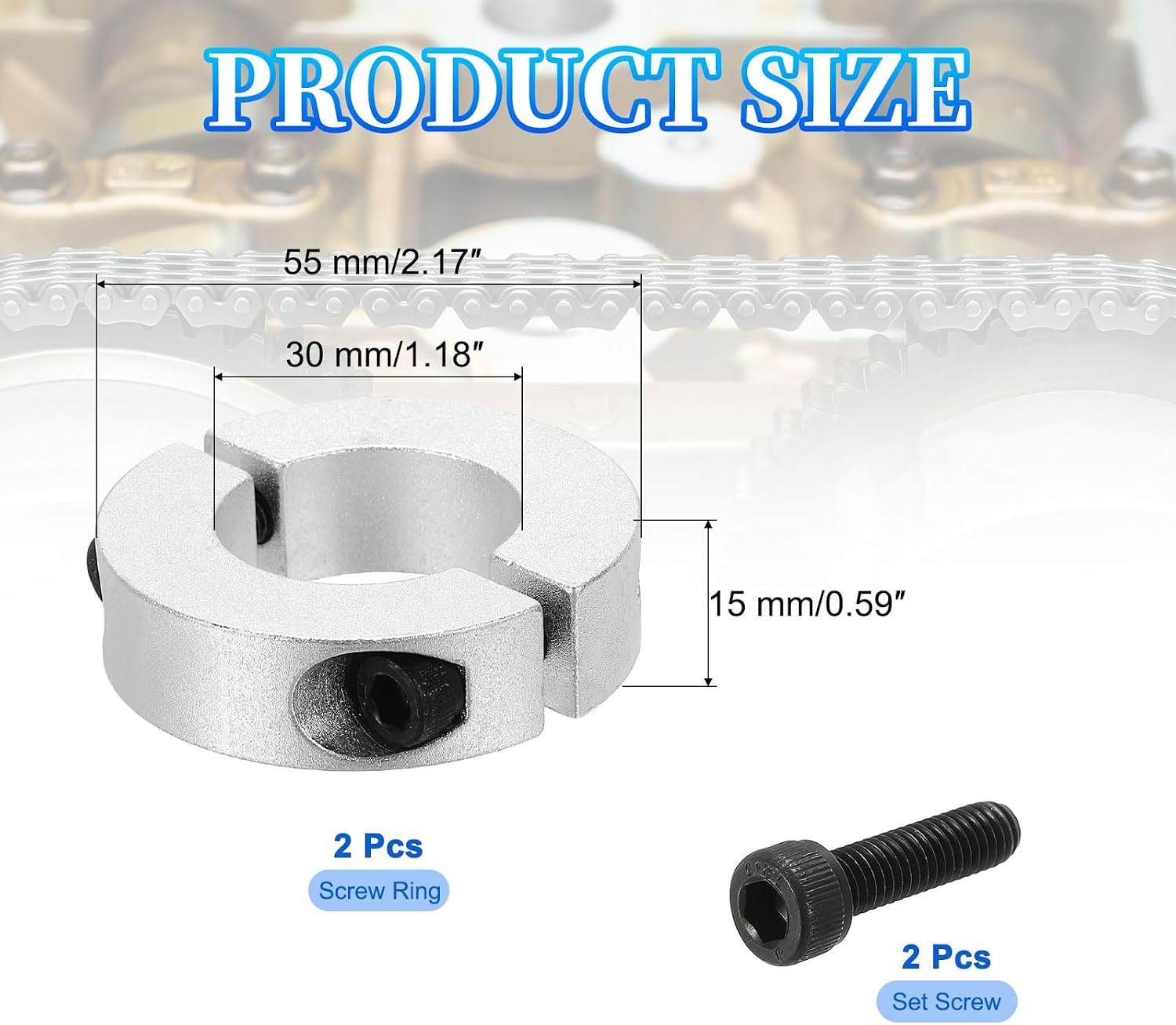 MECCANIXITY Bore 30 mm Double Split Shaft Collar 55 mm OD 15 mm Thickness Aluminum Alloy Locking Collar Clamp Style with Set Screw & Hex Wrench for Machine Tools Industry (Silver, Pack of 2)