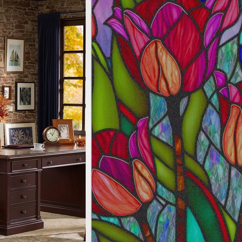 Veluly Window Film, 45x100cm (17.7x39.4inch), Multicolor, UV Protection, Static Cling, Reusable, Privacy Protection, Non-Adhesive, Frosted Stained Glass Decals