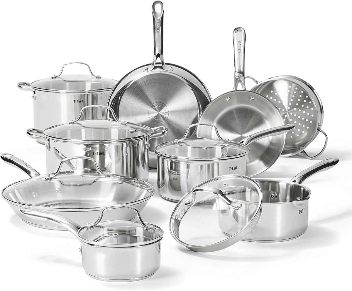 T-fal Gourmet Juego de Ollas y Sartenes de Acero Inoxidable de 15 Piezas, Compatible con Inducción