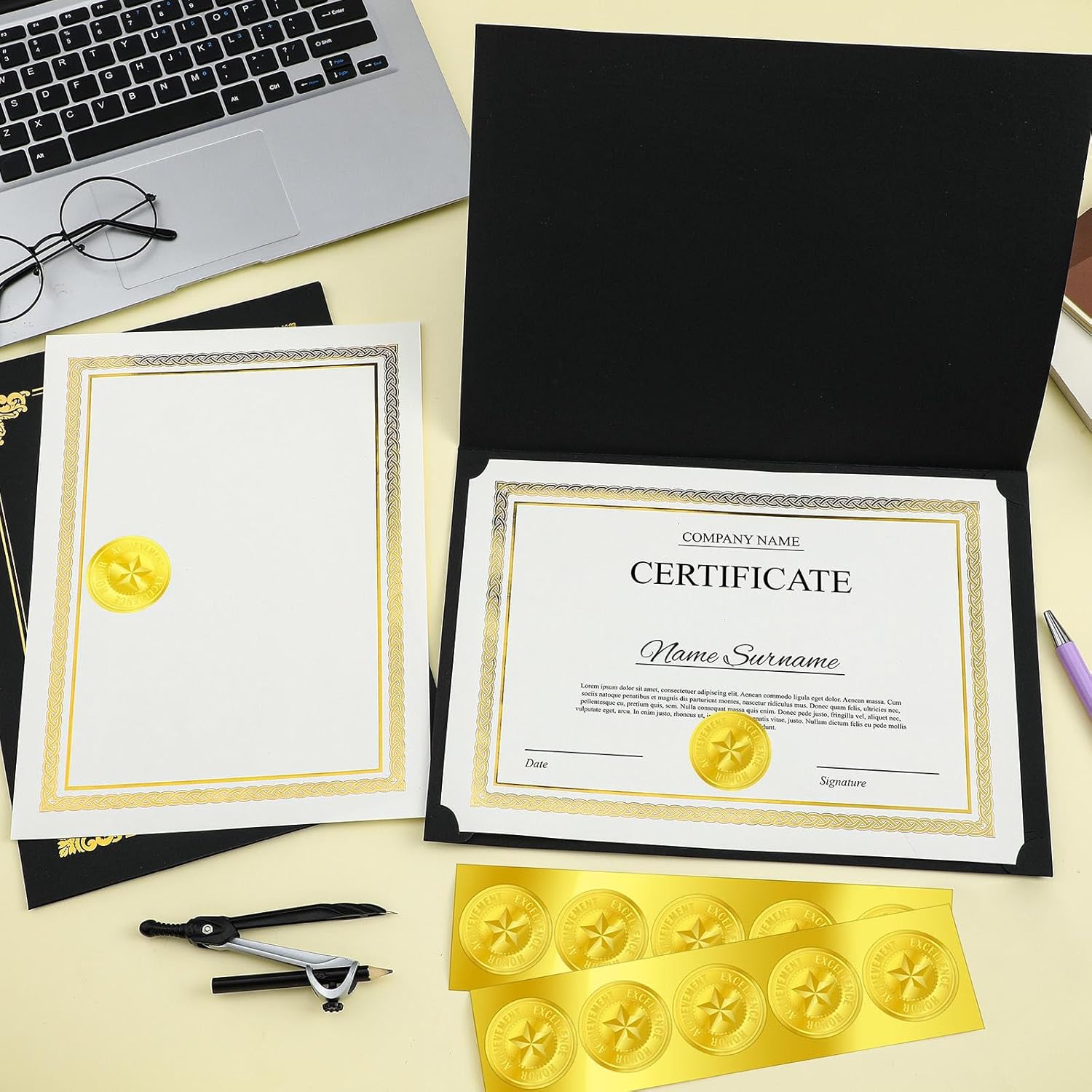 150 Pcs Certificate Kit Include 50 Certificate Holders 50 Paper and 50 Embossed Seal Stickers Diploma Covers for Graduation, Competition Supplies(Black)