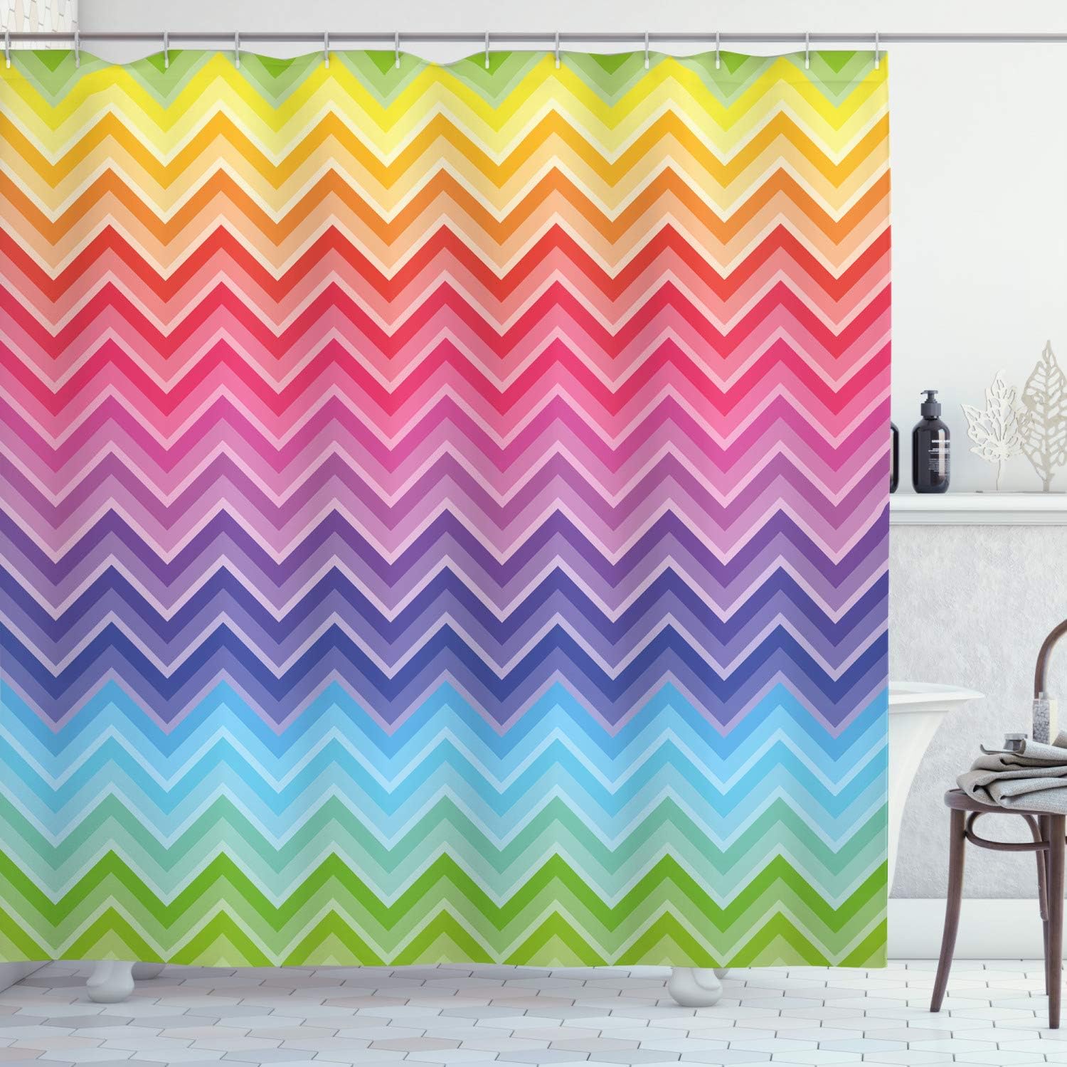 Ambesonne Rainbow Shower Curtain, Rainbow Colored Chevron Line Art Wave-Like Pattern Symmetrical Geometric Shapes, Cloth Fabric Bathroom Decor Set with Hooks, 69" W x 75" L, Multicolor