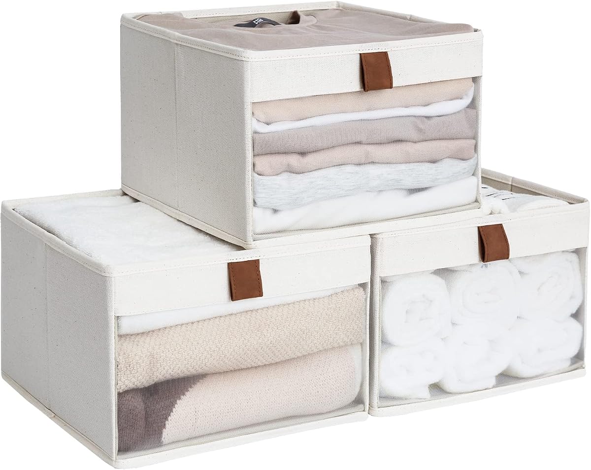 StorageWorks Closet Storage Bins, Storage Baskets with Clear Window and Handles, Foldable Fabric Organizer for Clothes, Shelves, Beige, 3 Pack