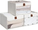 StorageWorks 11x11 Storage Cubes, Closet Storage Bins with Clear Window, Fabric Organizer for Clothes, Collapsible Storage Baskets with PU Handles, Beige, 3-Pack