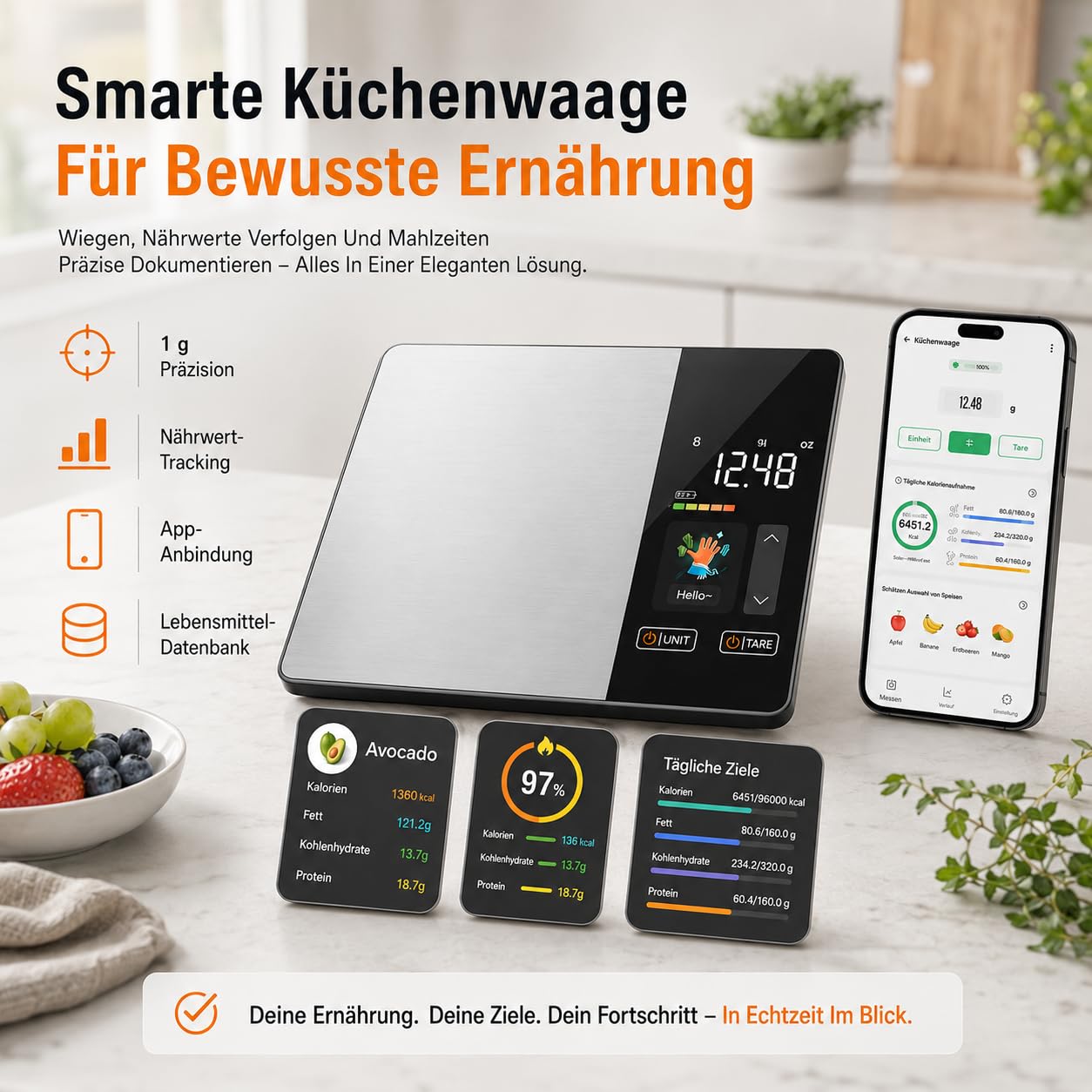 Smartvita Küchenwaage- Smarte Ernährungswaage Mit Präziser Messung Für Kalorien Portionen Backen Kochen Kaffee Und Edelstahl Küche