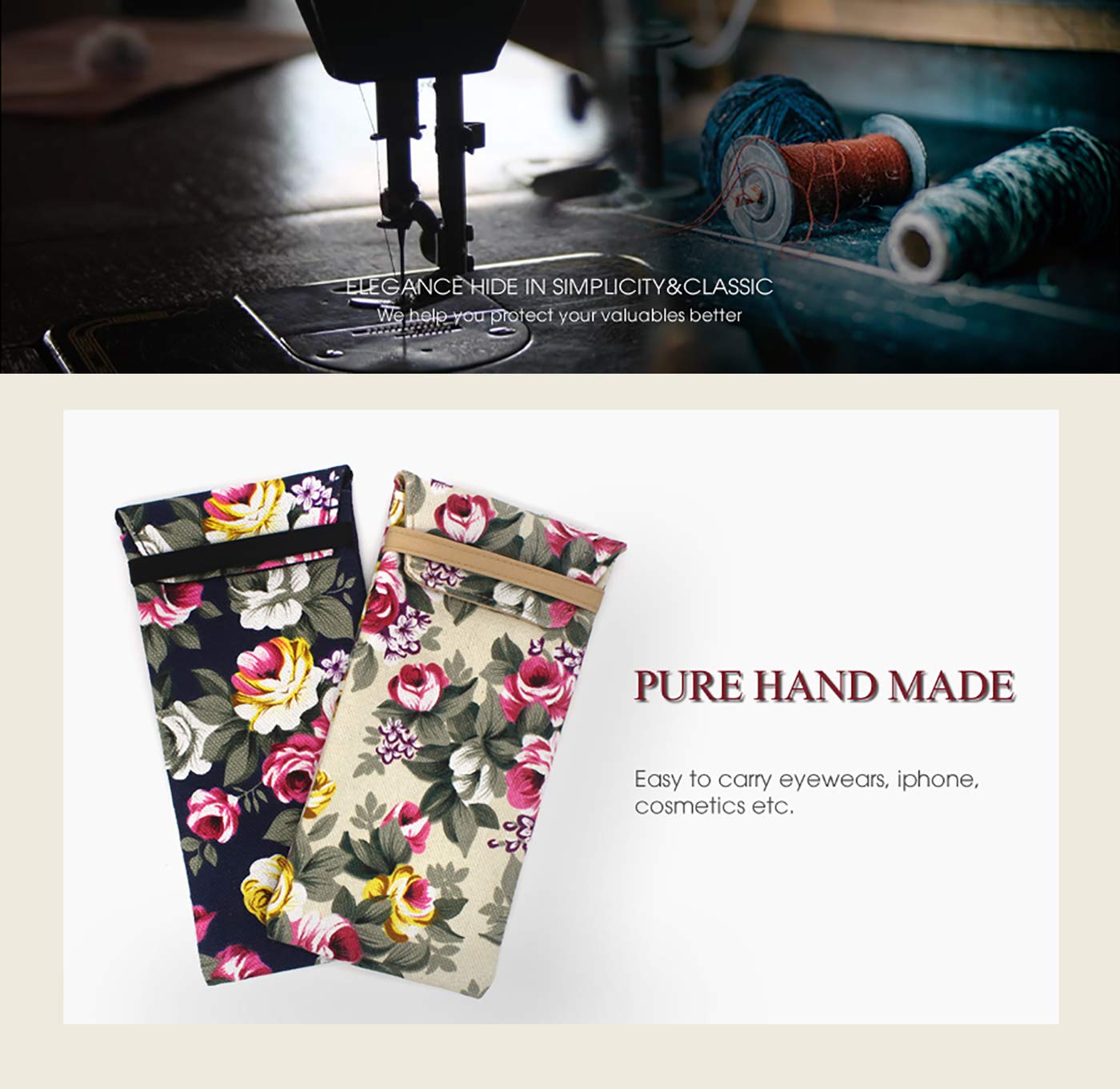 2 PACK Soft Cloth Slip Pouch Women Floral Eyeglass Sunglasses Pouch Case Storage Small Bag