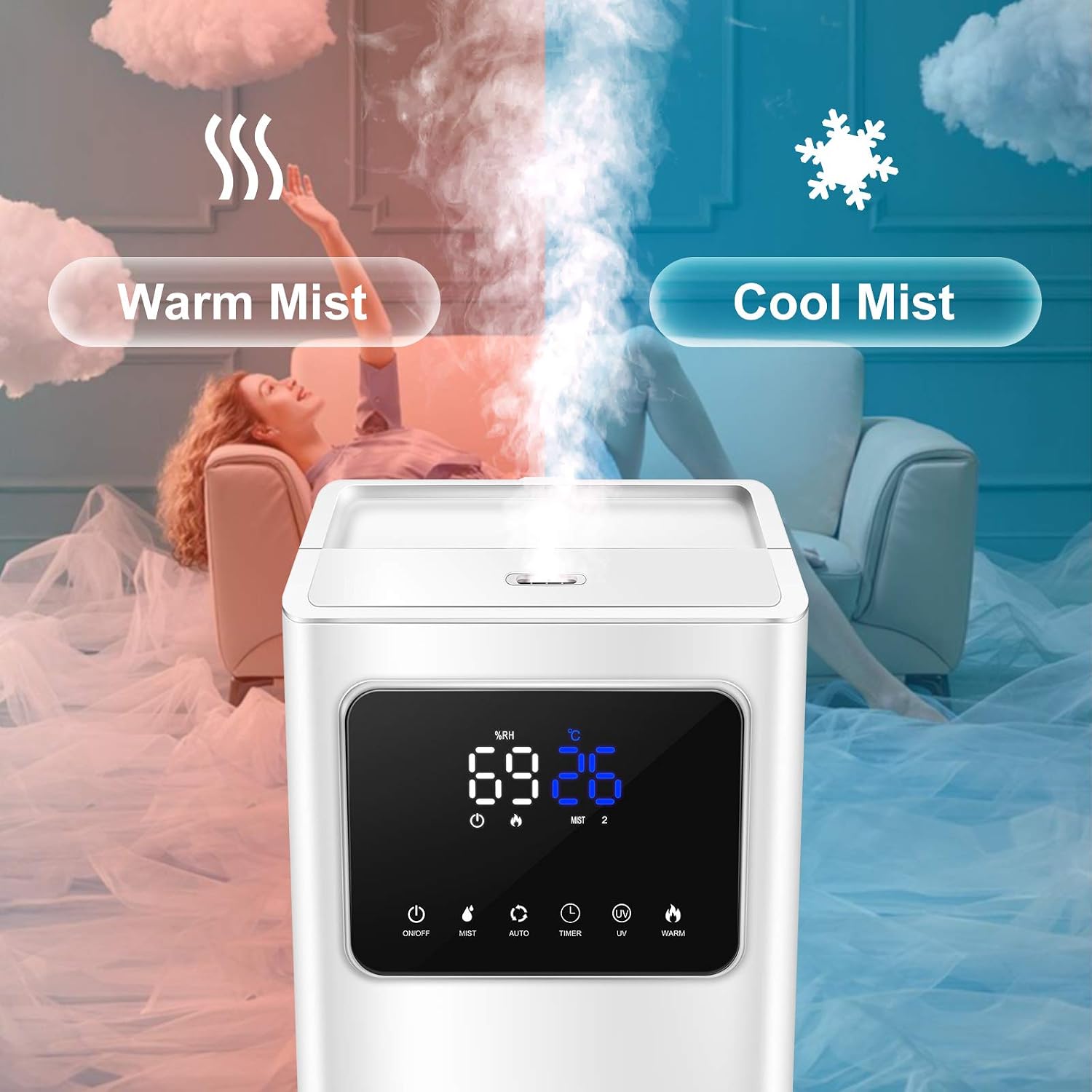 Humidifier showing warm mist on one side and cool mist on the other