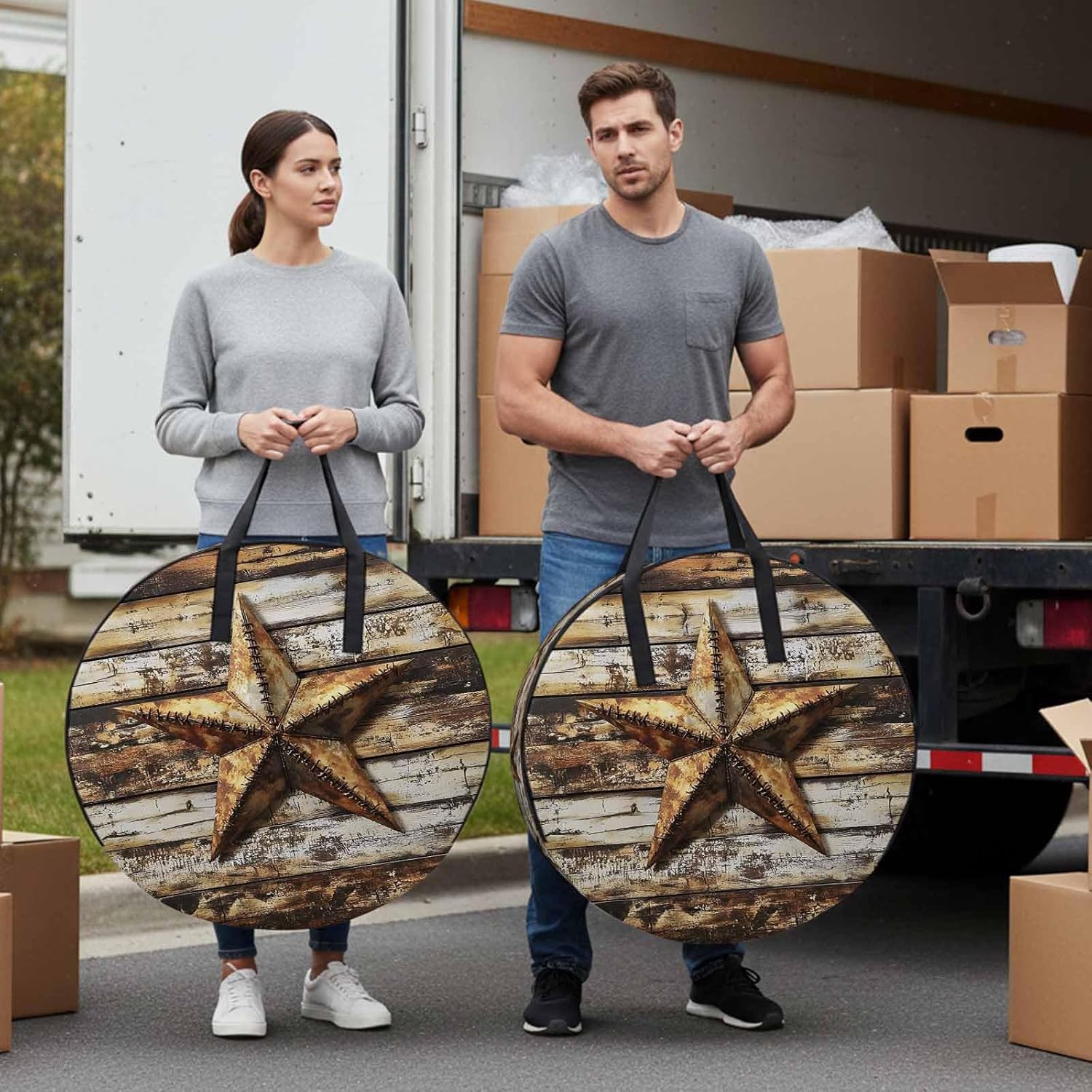 Retro Star Round Storage Bag 36 Inch, Country Texas Stars Worn-out Weathered Wood Clothes Storage Container with Handles Heavy Duty Organizer for Comforter, Bedding & Holiday Wreaths
