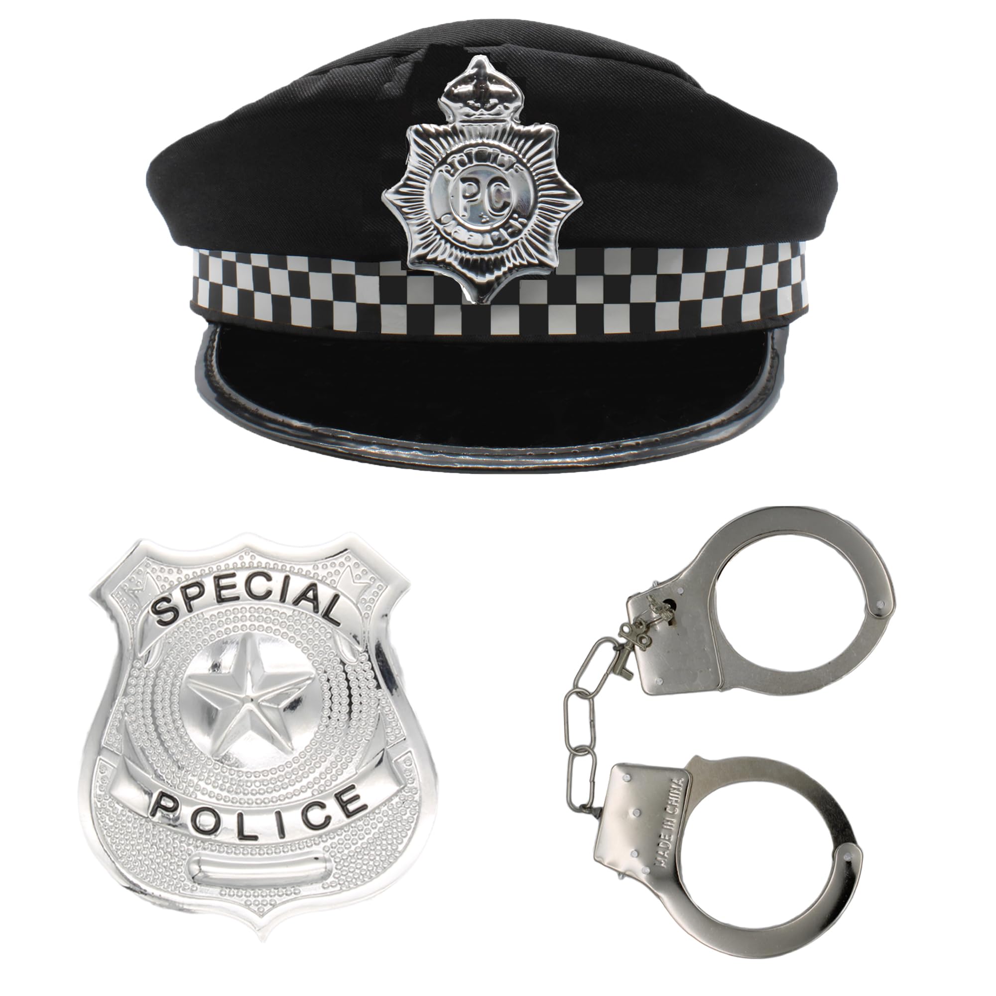 Cherry-on-Top Police Fancy Dress Hat Badge and Handcuffs for Dress Up Pretend Play