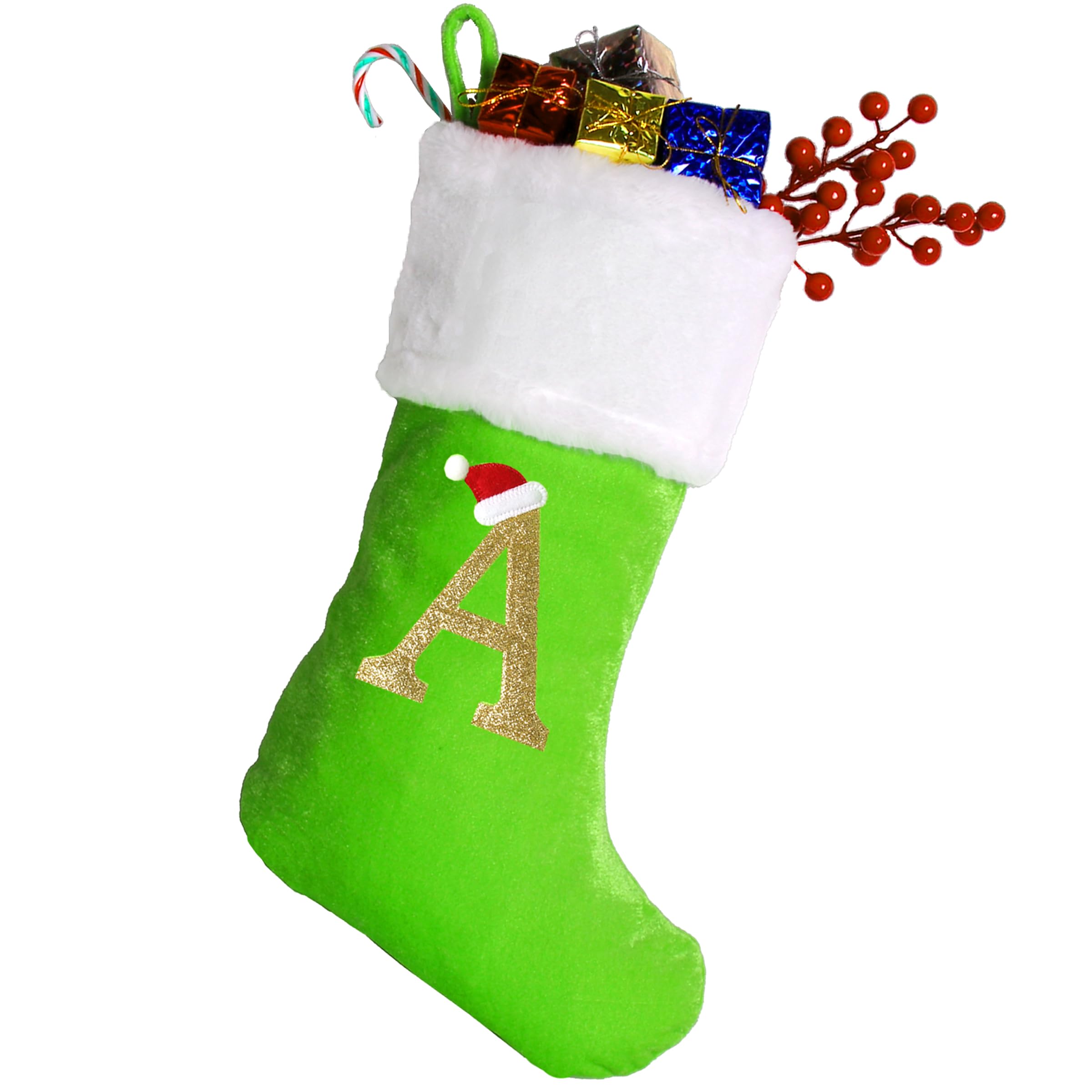 50,8 cm Monogramm Weihnachtsstrümpfe mit Buchstaben, große superweiche Weihnachtsstrümpfe grüner Samt mit weißer superweicher Plüschmanschette für Weihnachtsbaum Urlaub Kamin Grün