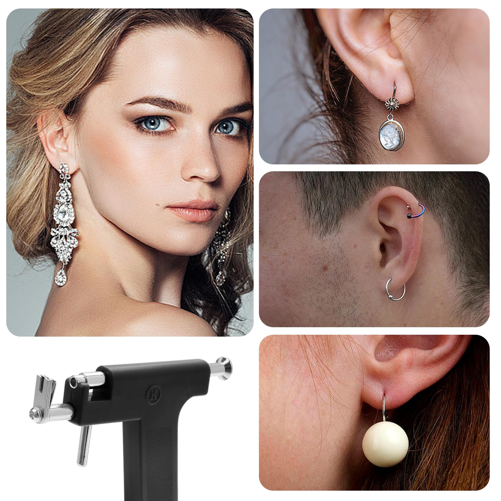 Pistola de Pendientes de Acero Inoxidable con 98 Perforadoras, 12 Pendientes, 20 Algodón Alcohol, Piercing para Labios Ombligo Nariz Cuerpo