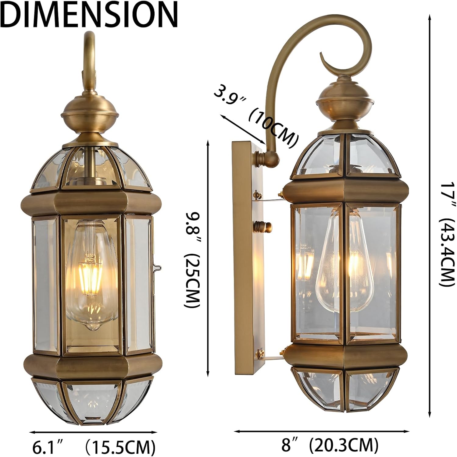 Milaii 17" H Copper Brass Outdoor Wall Light Exterior Lantern Gold Light Fixtures Outside Porch Lights IP65 Waterproof Paito Wall Mount Lighting for House
