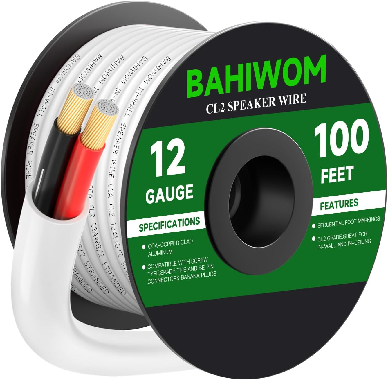 White Speaker Wire 12 Gauge 100FT CL2 Rated CCA Speaker Cable