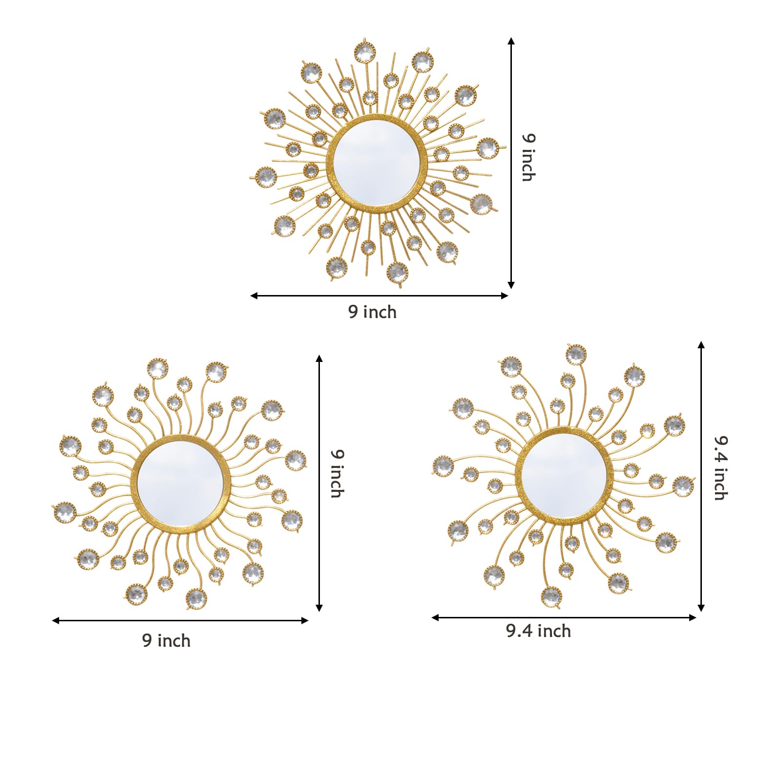 Set di 3 specchi decorativi da parete, motivo a raggi di sole, stile boemio, dorato, decorazione in metallo, specchio da appendere, per soggiorno, camera da letto, bagno, 9,25 x 9,25 pollici