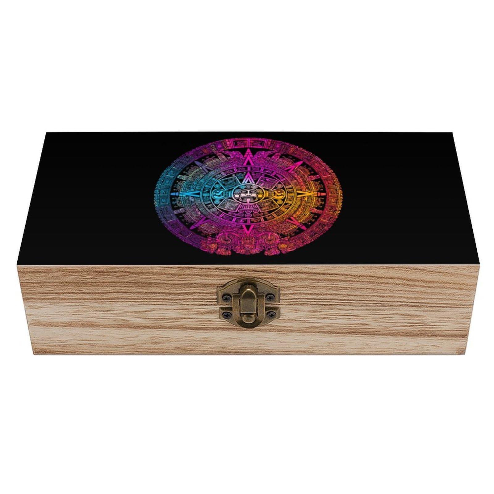 HLBSDM Colorful Aztec Calendar Mayan Wooden Box with Hinged Lid Decorative Storage Case Container