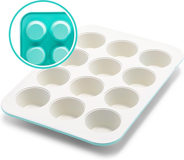 GreenLife Healthy Ceramic Non-Stick 12-Cup Muffin Tray, PFAS-Free, Turquoise