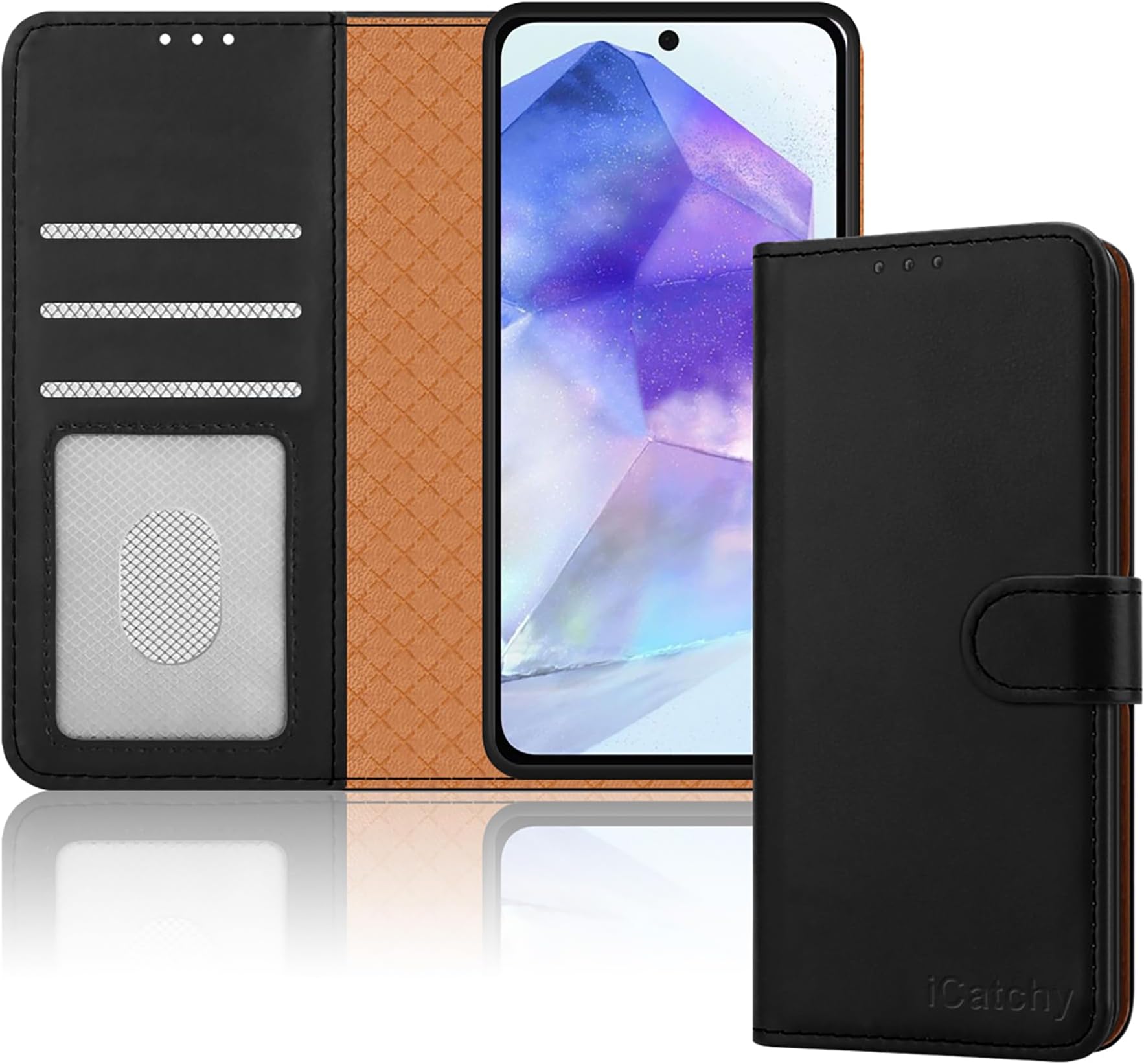 iCatchy Samsung Galaxy A55 ケース レザー ウォレット ブック フリップ フォリオ スタンド ビュー 磁気保護 RFIDブロッキング カバー Samsung A55 5G 電話カバー対応 (ブラック)