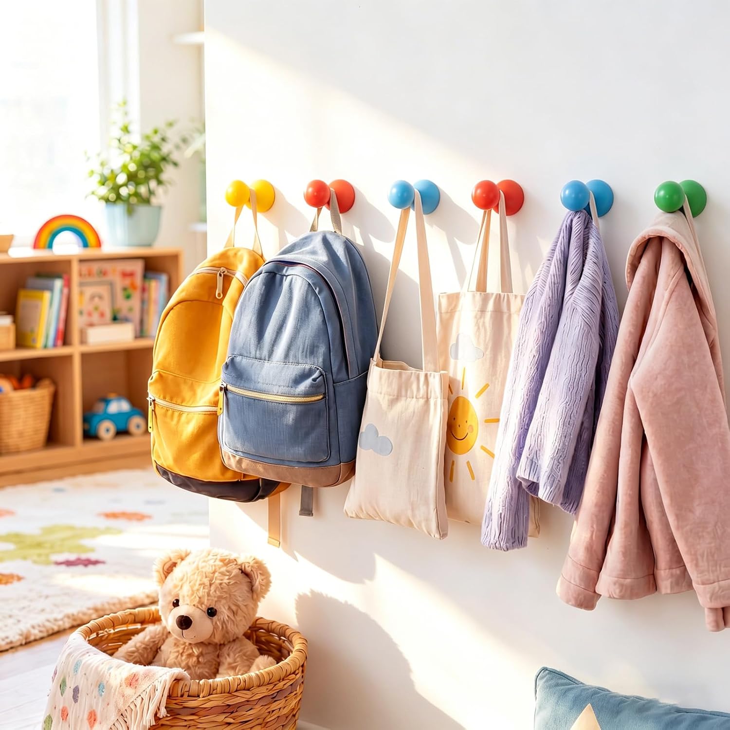 Junkin 12 Pack School Bag Hooks for Wall Heavy Duty Wooden Backpack Hooks Colorful Wall Mounted Hook with Screws Drill Installation Hanging Coats Jackets for Classroom Hallway School Organization