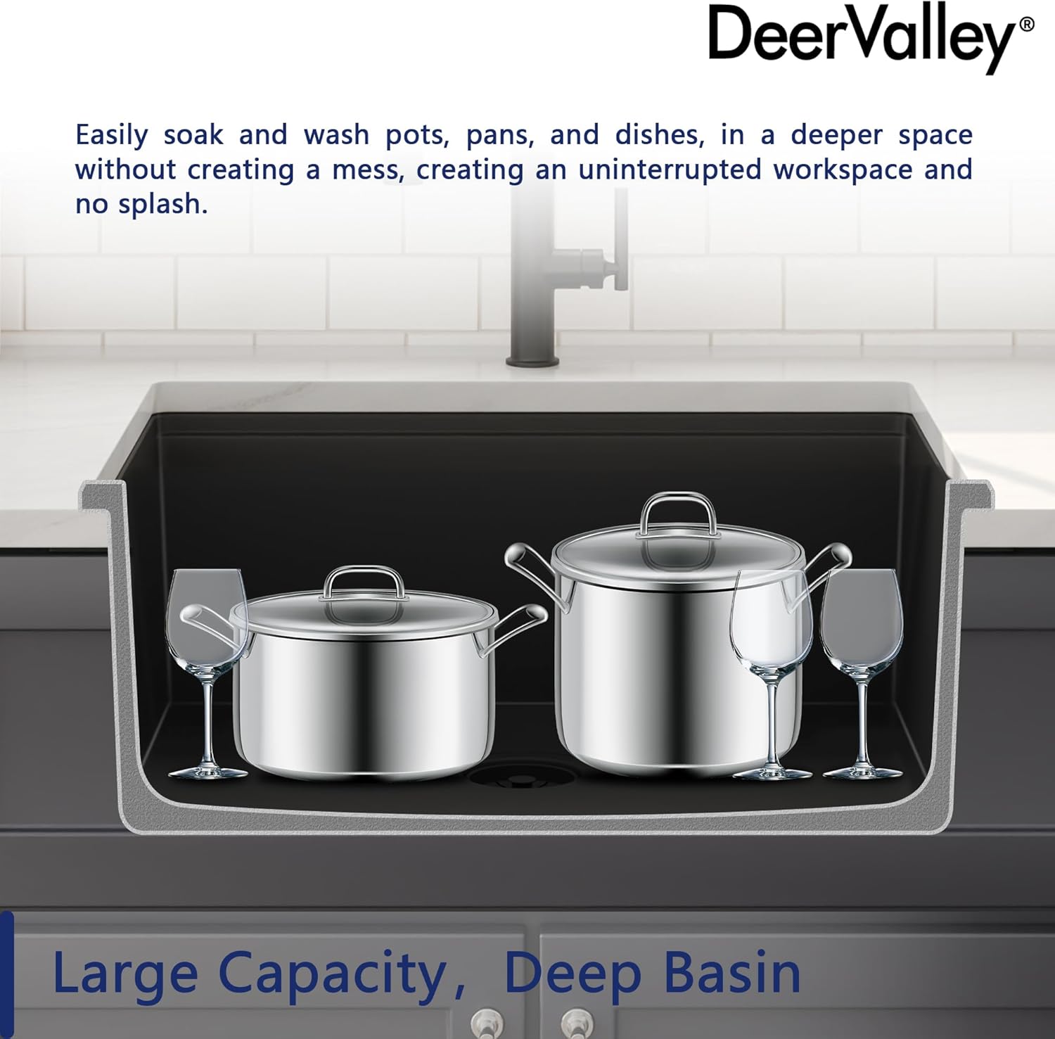 DeerValley Black Undermount Kitchen Sink 25 Inch, Single Bowl Granite Composite Kitchen Sink with Integrated Ledge