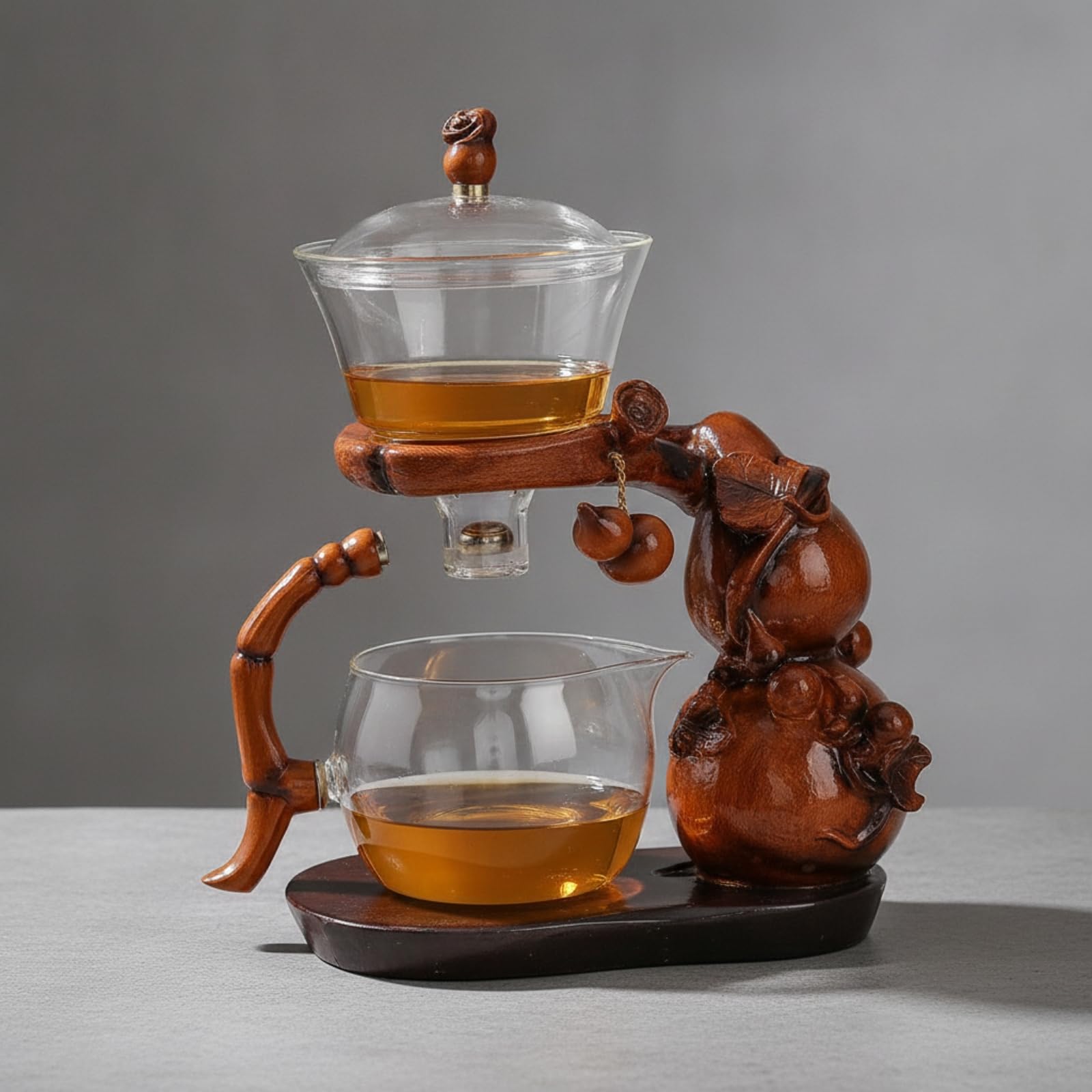 Dispositif d'Infusion Gourd Central Théière Infuseur Carafe Tasse Réceptrice en Verre Borosilicaté avec Socle Bois et Poignée Courbée Infusion Visible