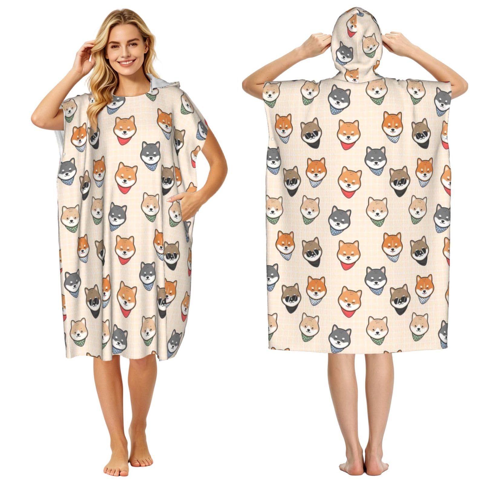 Poadnly Shiba Inu Shiba Inu Pattern, Adult Hooded Beach Towel 90 x 110 cm,Changing Bath Robe, Surf Poncho Towel For Women Men