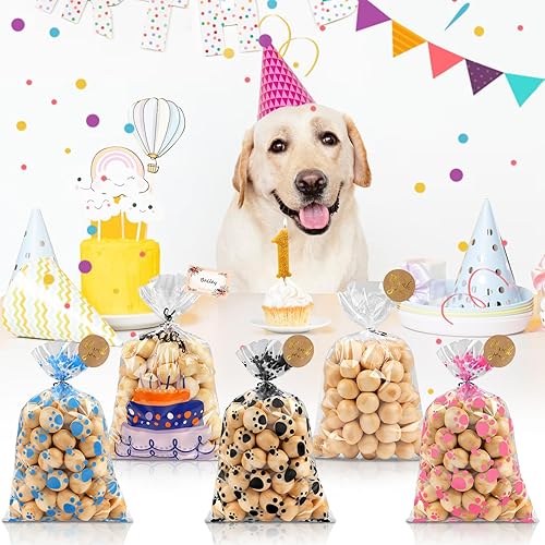 Miniatura 2 de VALUCKEE 100 bolsas de celofán con estampado de patas de perro de mayor capacidad, bolsas de golosinas para perros y gatos con calcomanías, bolsas