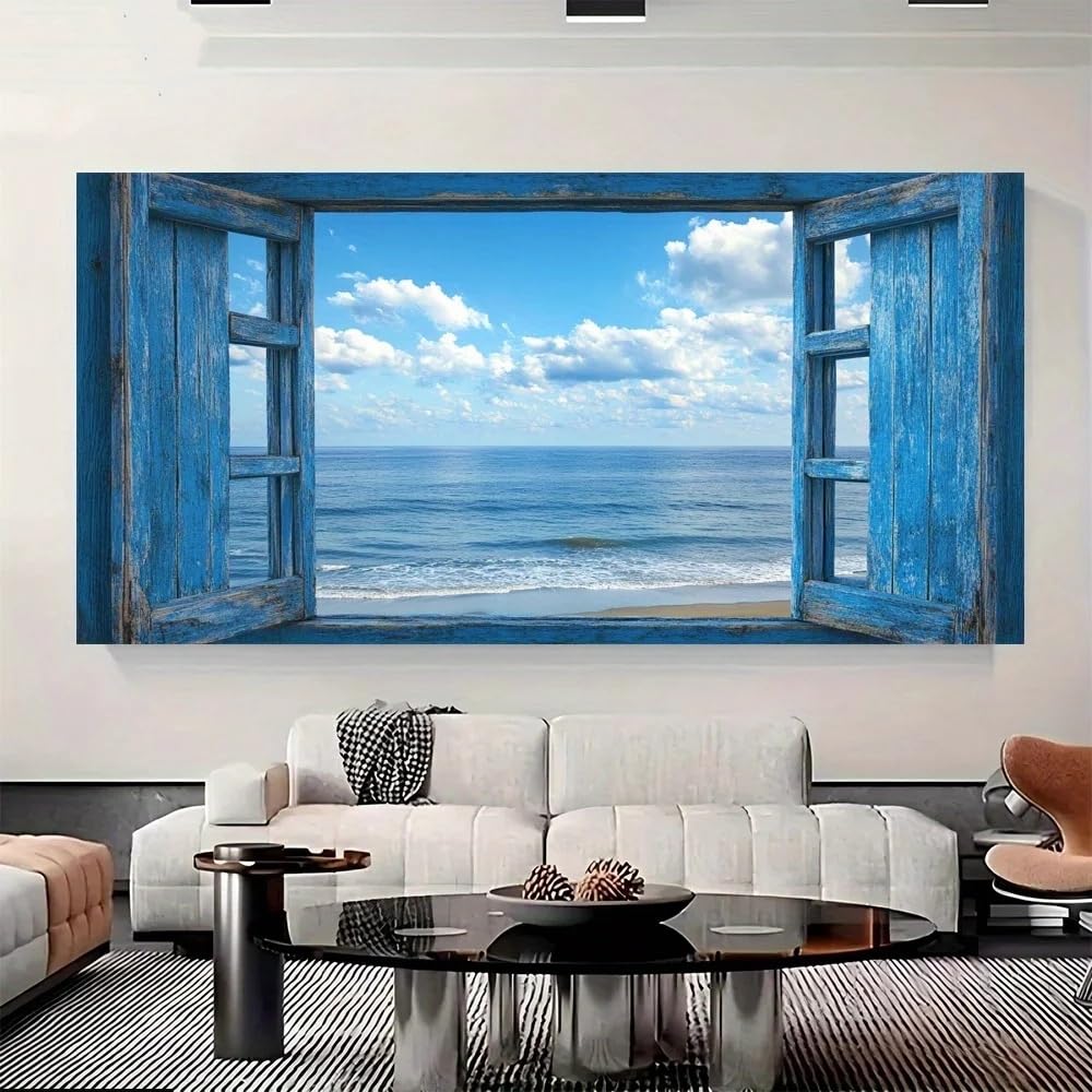 Lienzo de playa ventana abierta con marco de madera de alta calidad