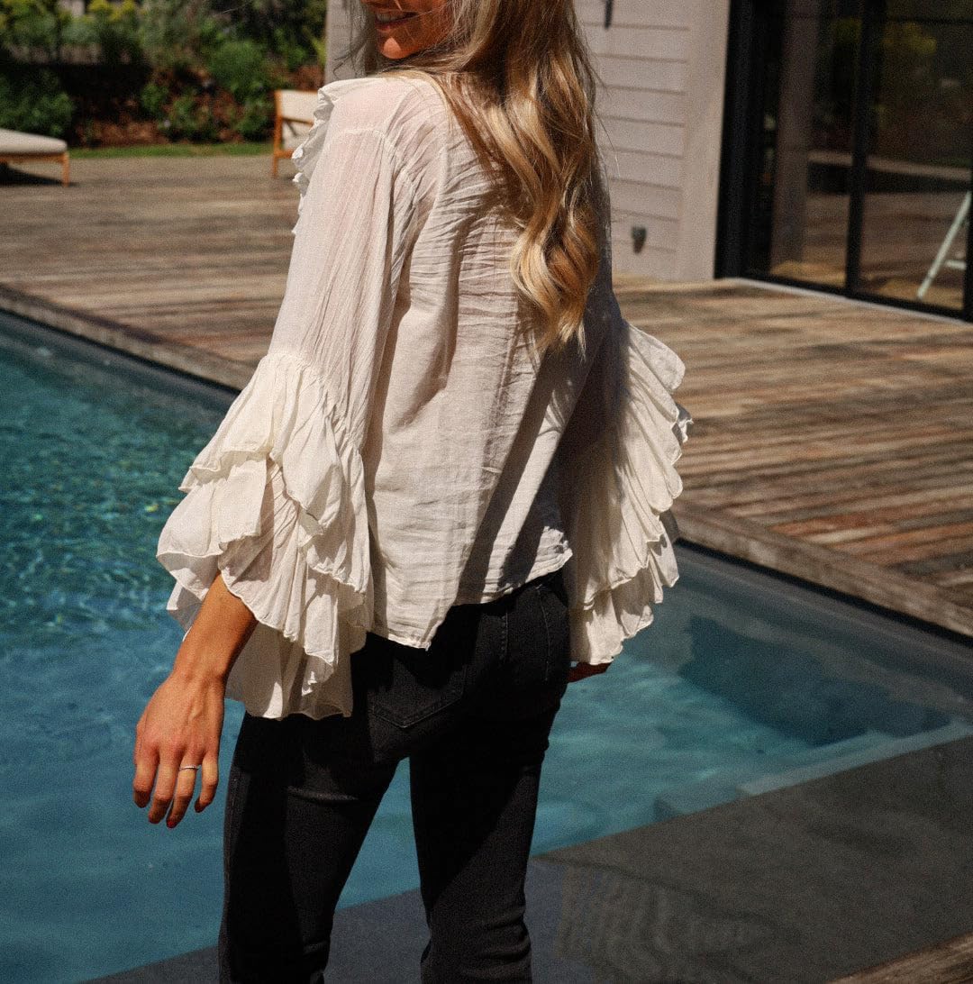 Flowy Chiffon Ruffled Top for Women Boho Puff Long Sleeve Peplum Shirts Fall V Neck Tie Front See Through Blouse Y2k - Image 4