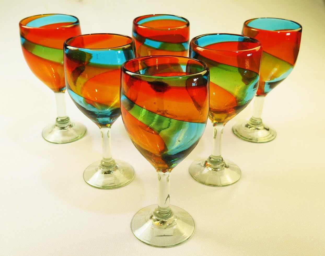Wine Glasses, Hand Blown, Rainbow colors 15 Oz (Set of 6