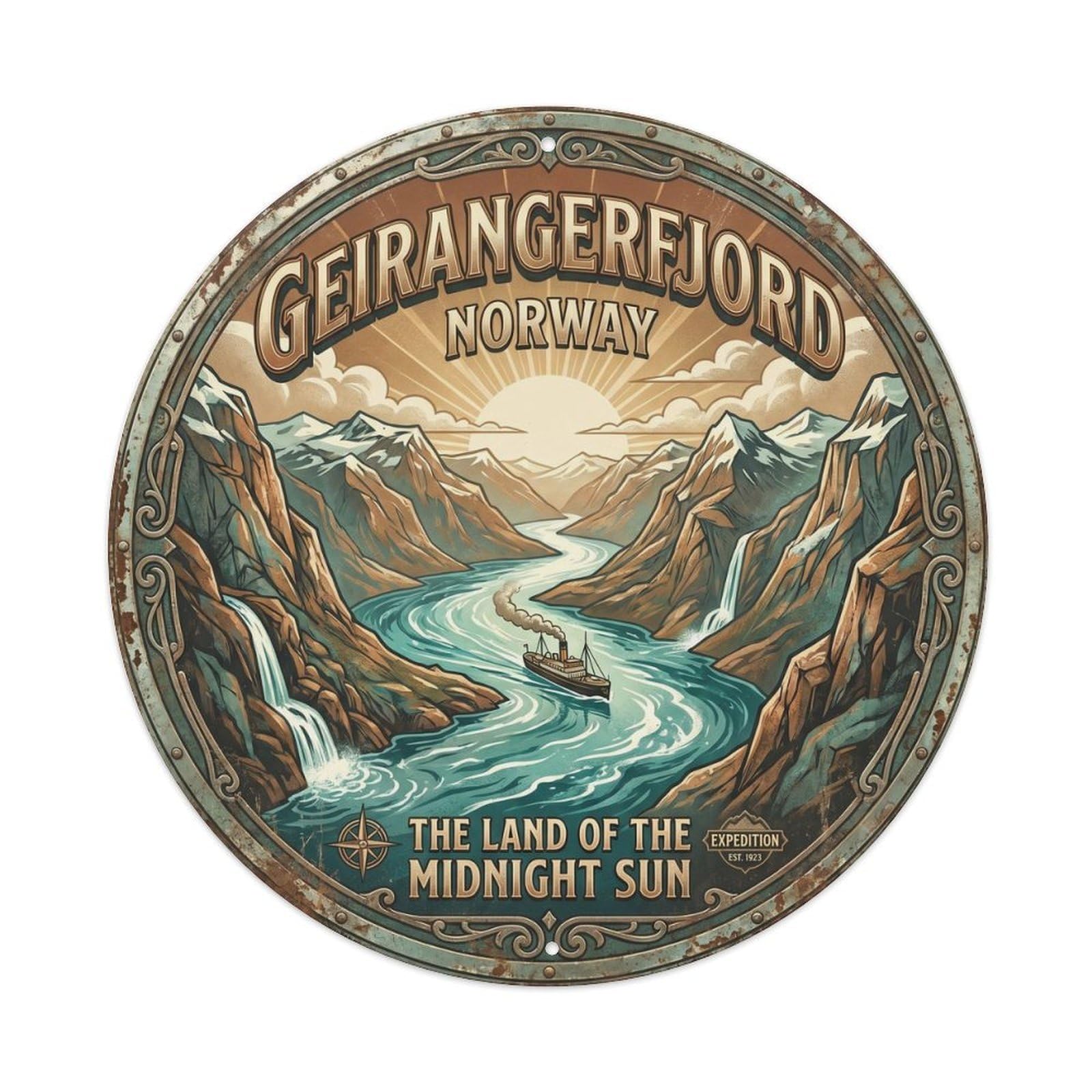 Cmhok Vintage Style-25 Vintage Travel Geiranger Fjord Artwork Metal Tin Sign Plaque Wall Decor For Cafe, Club, Garden Round Metal Poster 8X8inch
