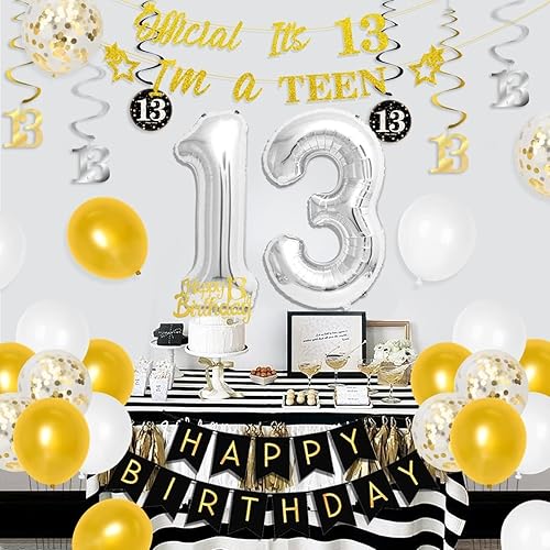 Miniatura 2 de Decoraciones de cumpleaños número 13 para niños y niñas, suministros de fiesta de cumpleaños número 13 negro dorado con pancarta colgante en espiral
