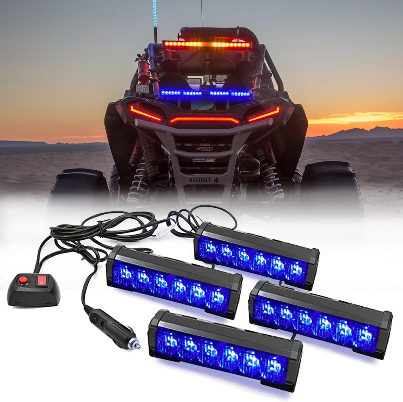 4 X 6 LED 9 Modes Traffic Advisor Emergency Warning Vehicle Strobe Lights for Interior Roof/Dash/Windshield/Grille/Deck Universal Waterproof Blue