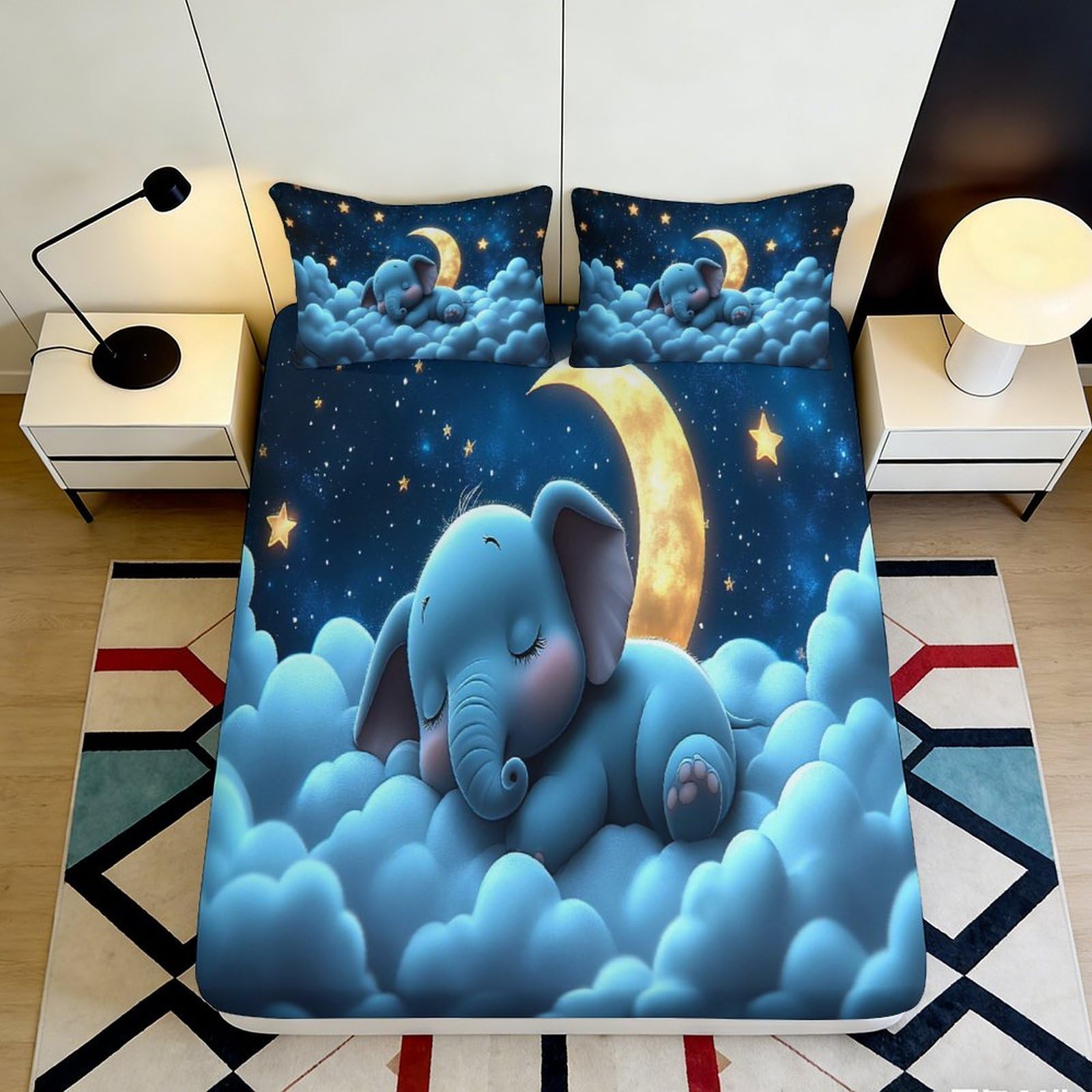 3D Printed Sleeping Elephant Fitted Sheet Microfiber Soft Breathable Starry Night Mattress Cover for Bedroom Dormitory Guest Room Bed Protection Decor 90x200x25cm