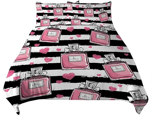 Miniatura 7 de Juego de funda de edredón de moda con patrón de botellas de perfume, colcha con rayas blancas y negras con corazones rosados, juego de ropa de cama