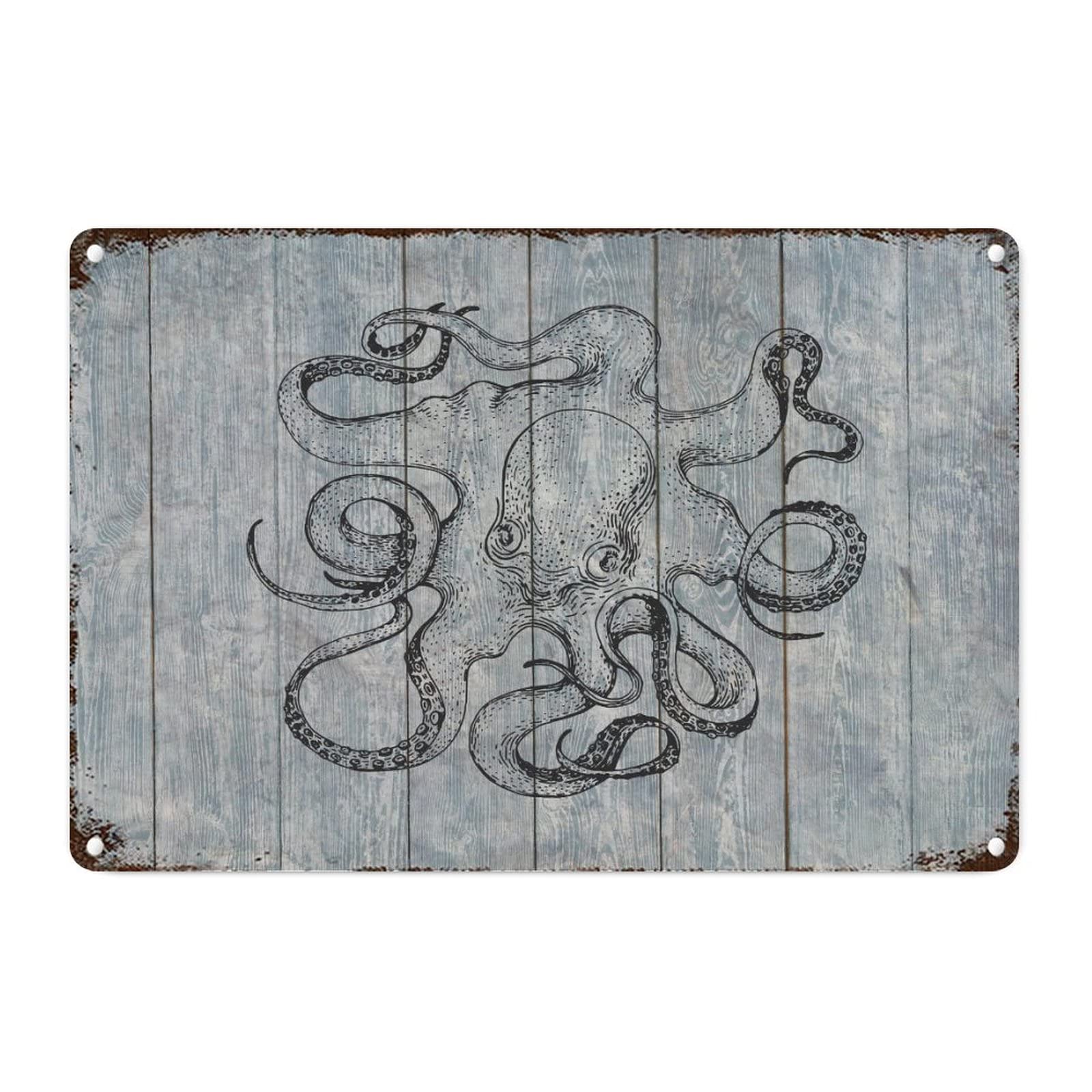 Panneau métal rétro plage et pieuvre décoration murale vintage