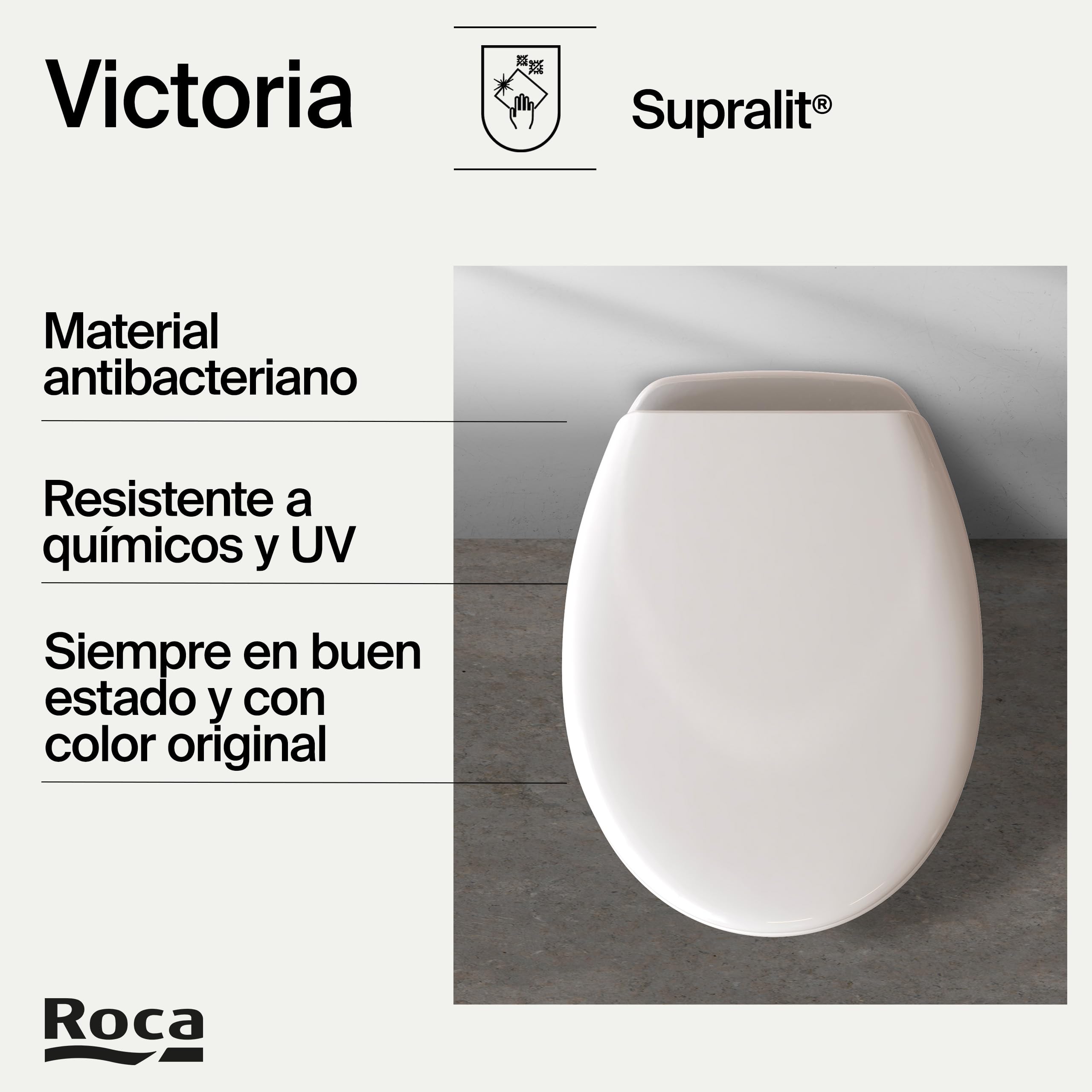 Roca Victoria - Tapa y asiento de Supralit para inodoro con bisagras de acero inoxidable, tapadera de WC original con ajuste perfecto, recambio resistente, pergamon, A801B6017B