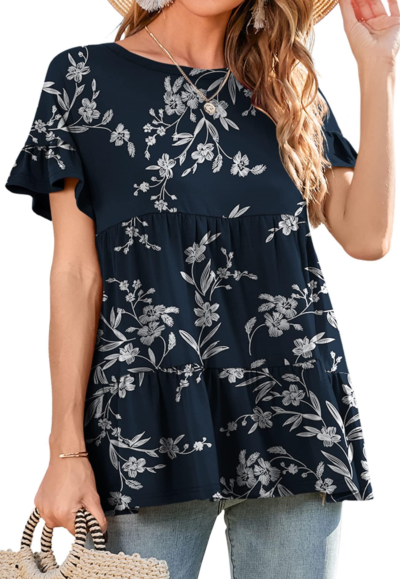Neineiwu Rundhals T-Shirt Damen Kurzarm Bluse Damen Sommer Oberteile Elegant Tshirts Gestuftes Solide Tunika S-XXL